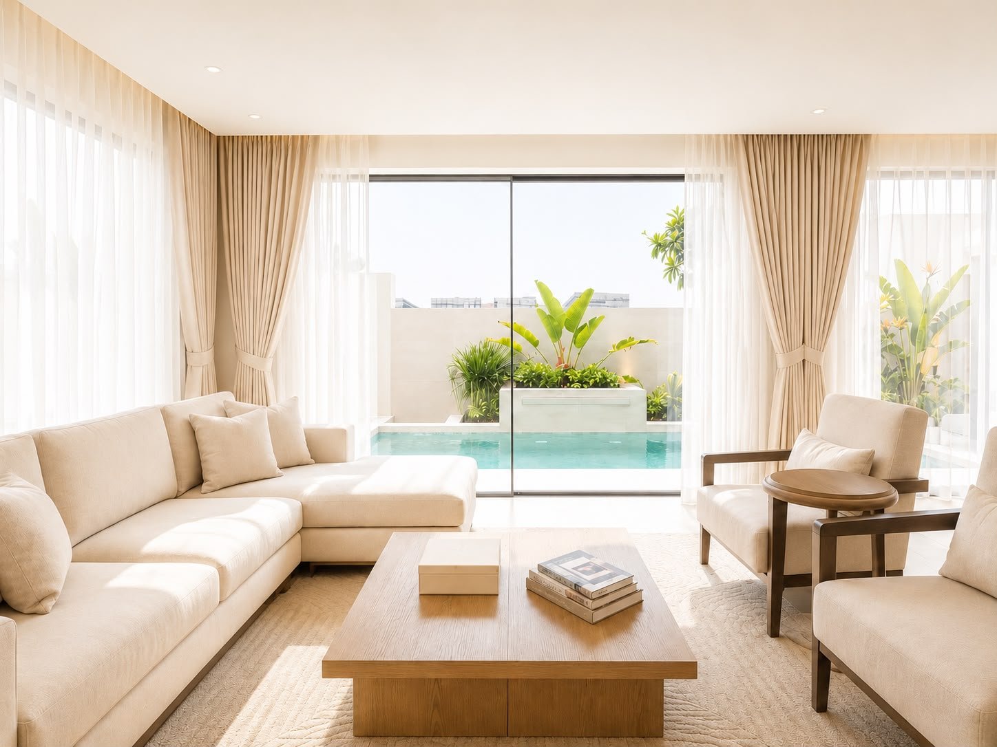 Elegant modern living room with full-height curtains